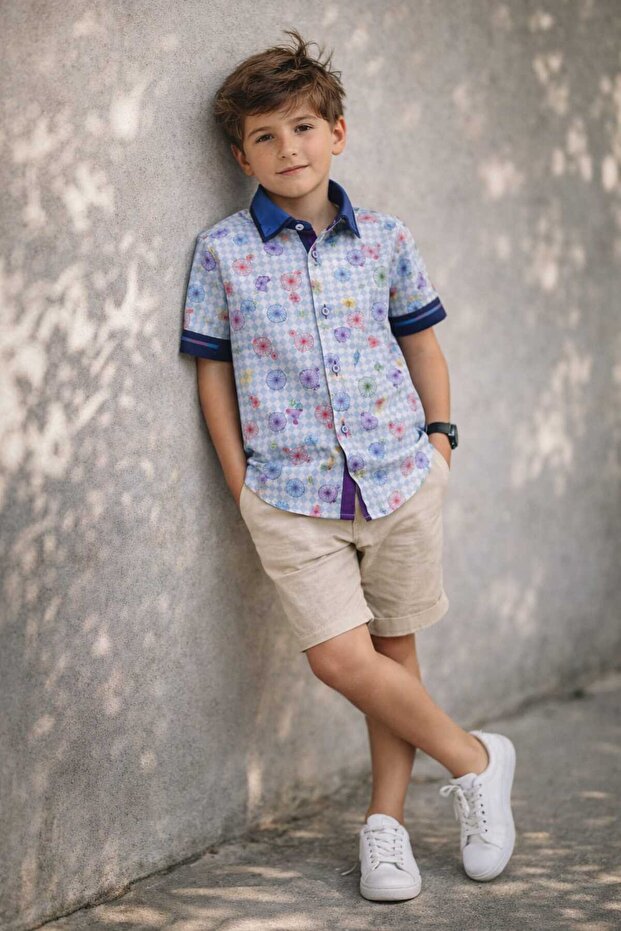 Double Buttoned Bicycle Patterned Short Sleeve Children's Shirt