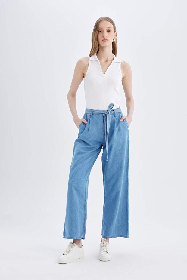 Wide Leg High Waist Belted Long Jean Trousers D2433Ax24Sm