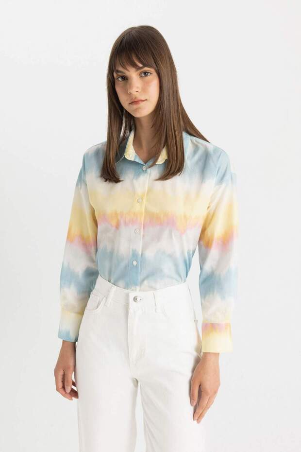Relax Fit Gradient Cotton Long Sleeve Shirt Tunic C9039Ax24Sm