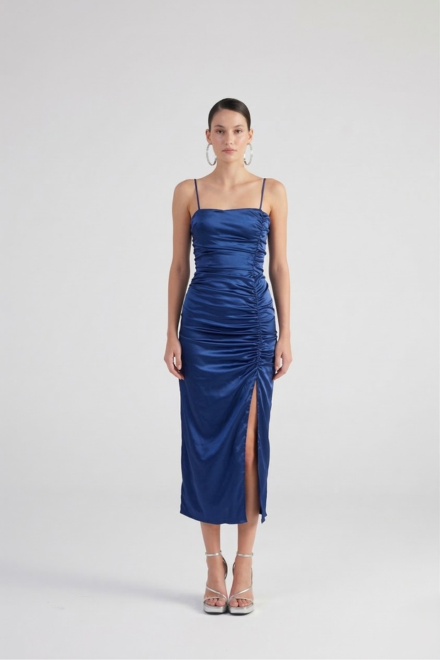 Slit Lined Satin Dipsy Dress Blue
