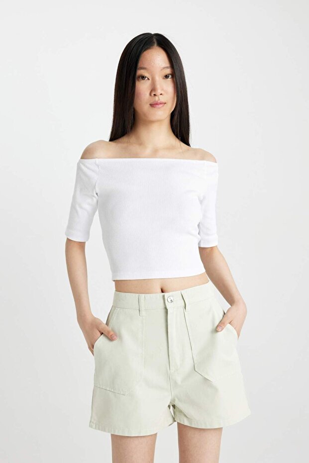 Slim Fit Off Shoulder Casual Ribbed Camisole Short Sleeve T-Shirt C9169Ax24Sm