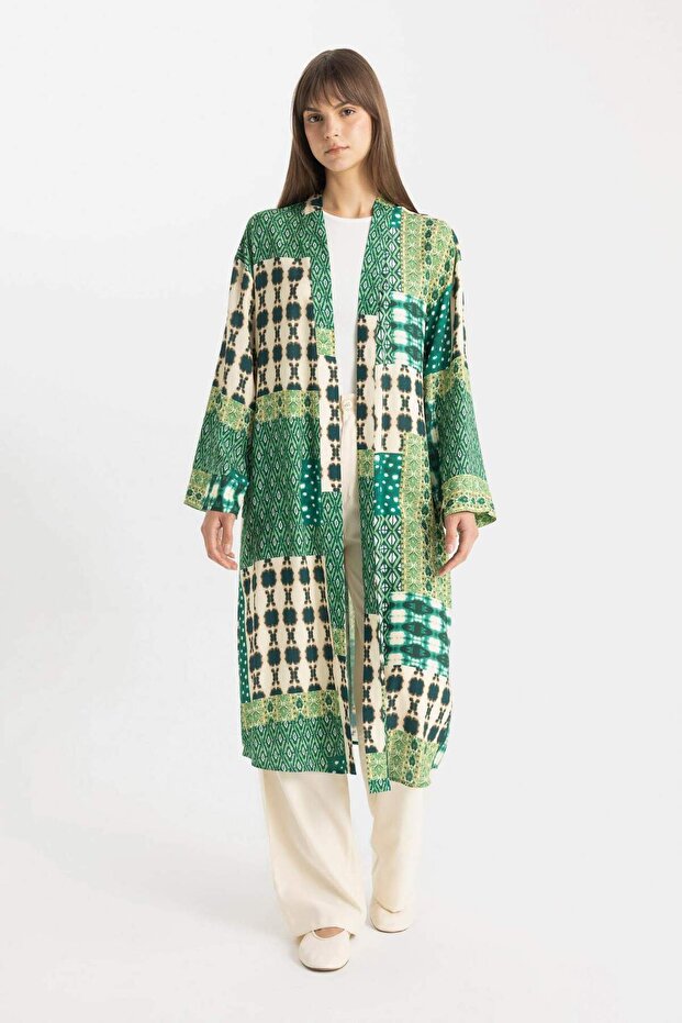 Relax Fit Patterned Long Viscose Kimono C9688Ax24Sm