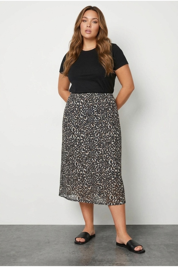 تنورة مبطنة بطول متوسط منقوشة بنقشة الفهد مقاس كبير302699 - 1