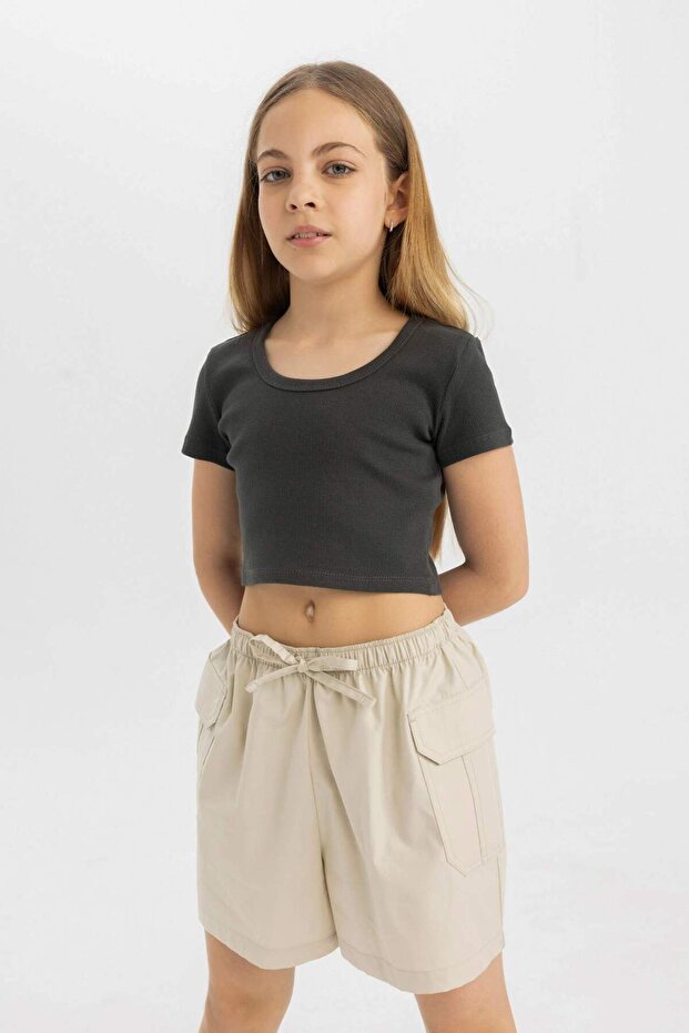Slim Fit Narrow Cut Crew Neck Basic Plain Ribbed Camisole Short Sleeve T-Shirt Girls C4510A824Sm