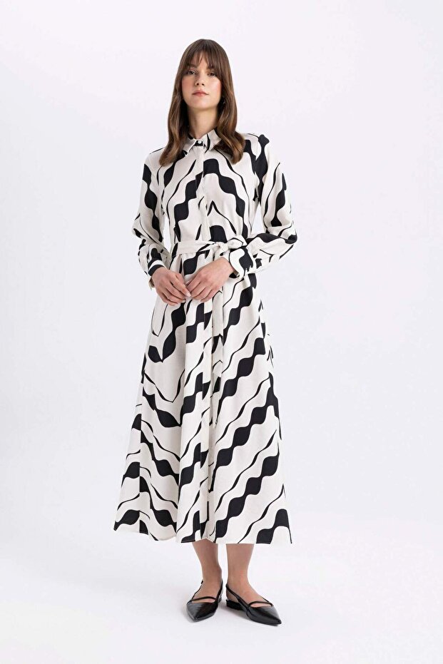 Guler cămașă imprimat cu mânecă lungă Maxi Basic rochie solidă C6160ax24sm - 1