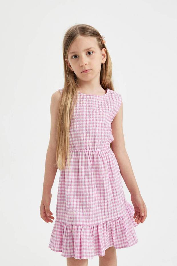Girls' Checkered Sleeveless Summer Dress C4022A824Sm