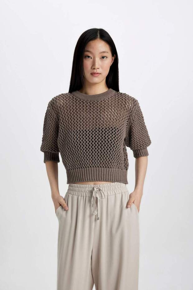 Crew Neck Half Sleeve Crochet Knitwear T-Shirt C9165Ax24Sm