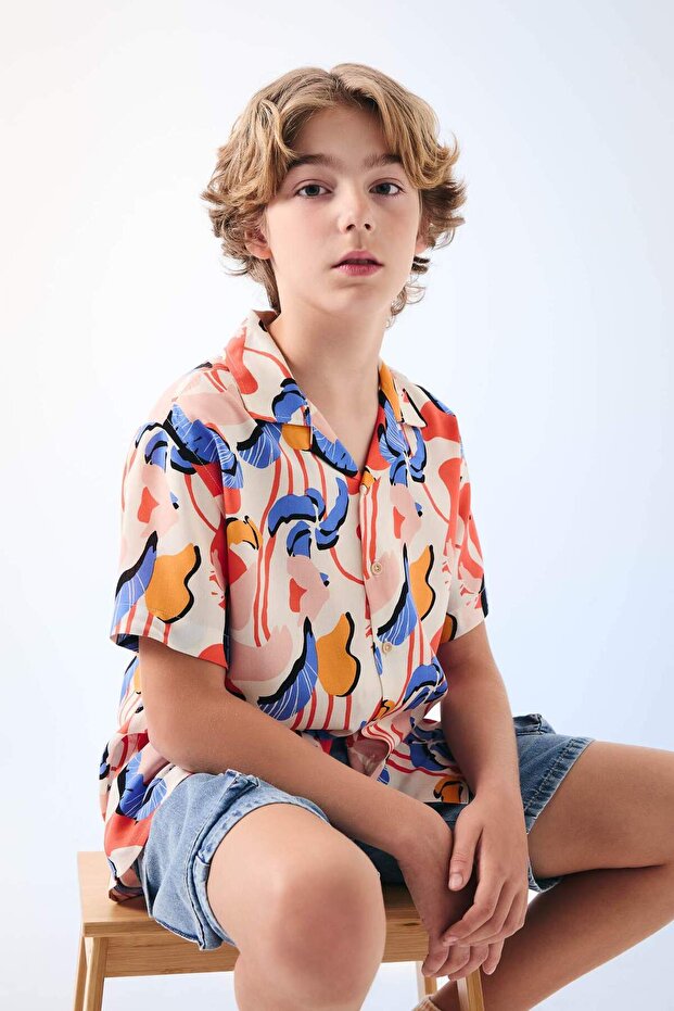 Oversize Wide Fit Polo Collar Patterned Viscose Short Sleeve Shirt Boys C3078A824Sm
