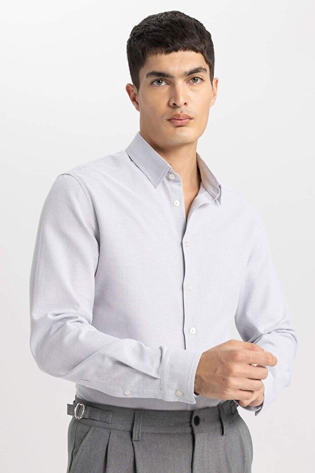 100% Cotton Slim Fit Polo Collar Honeycomb Textured Long Sleeve Shirt B6476Ax24Sp