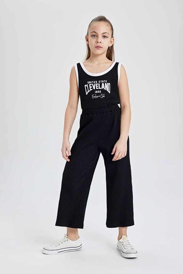 Girl's Printed Ribbed Camisole Sleeveless Long Jumpsuit B4878A824SM
