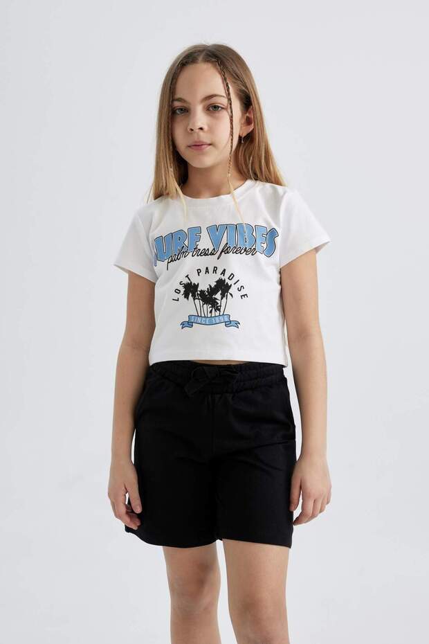 Girls' Crew Neck Printed Short Sleeve T-Shirt C2212A824Sm