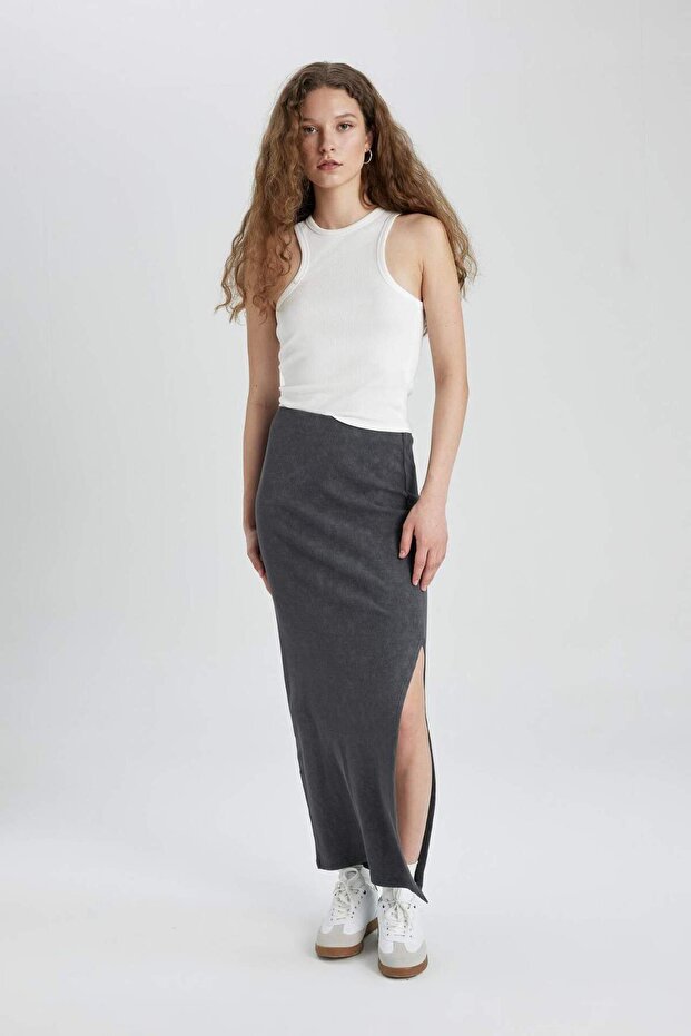 Ribbed Camisole Slit Washable Faded Effect Maxi Skirt C1653Ax24Sp
