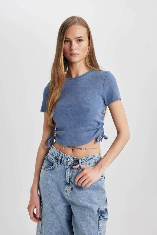Fitted Crew Neck Drawstring Detail Short Sleeve Washed Faded Effect T-Shirt B9228Ax24Sp