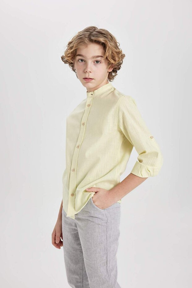 Boy's Stand Collar Basic Plain Long Sleeve Shirt B5982A824Sm