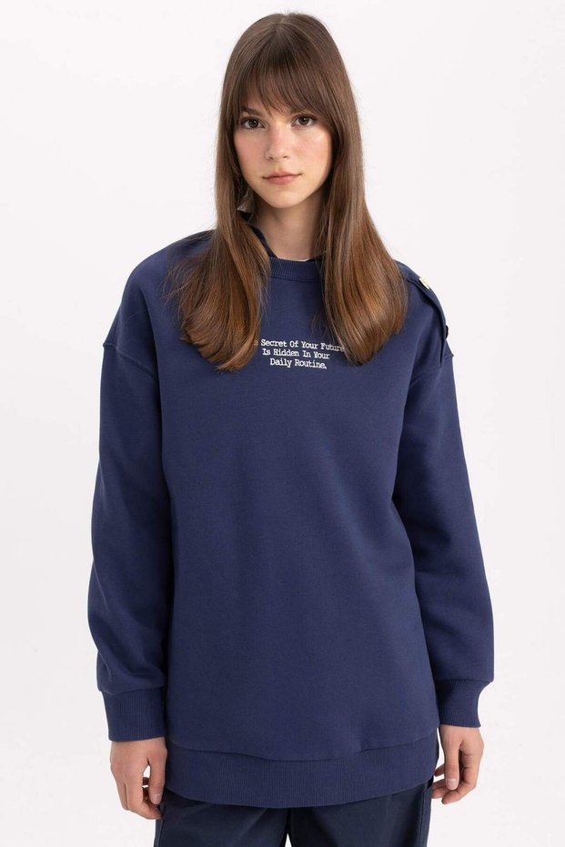 Regular Fit Crew Neck Printed Soft Inside Fleece Thick Button Detailed Sweatshirt Tunic C5422Ax24Sp
