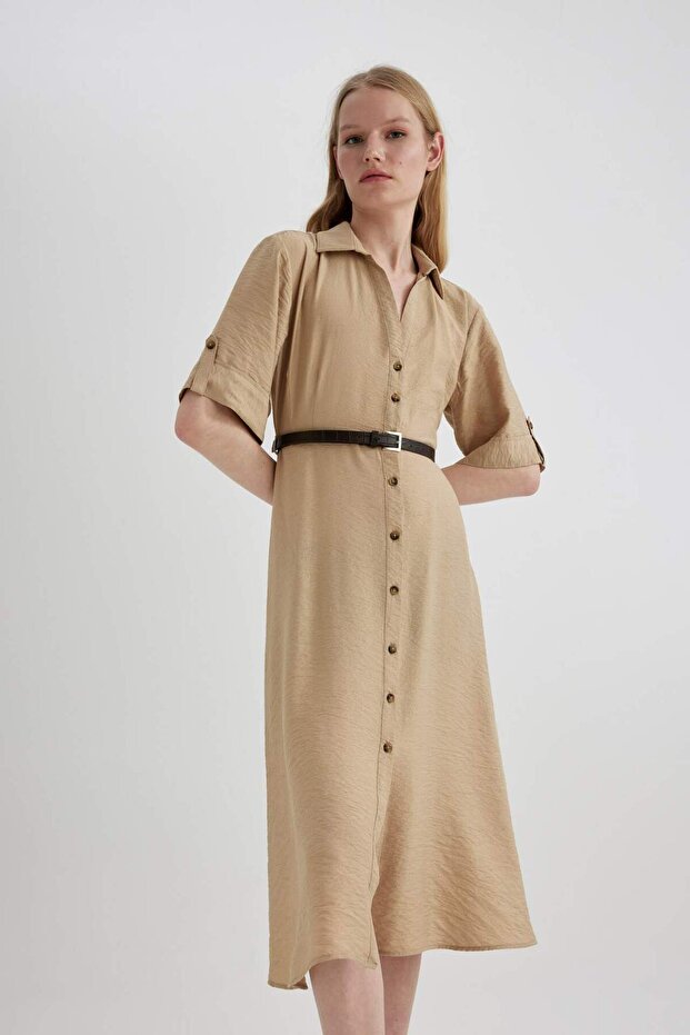 Shirt Collar Half Sleeve Belt Midi Dress C1307Ax24Sp