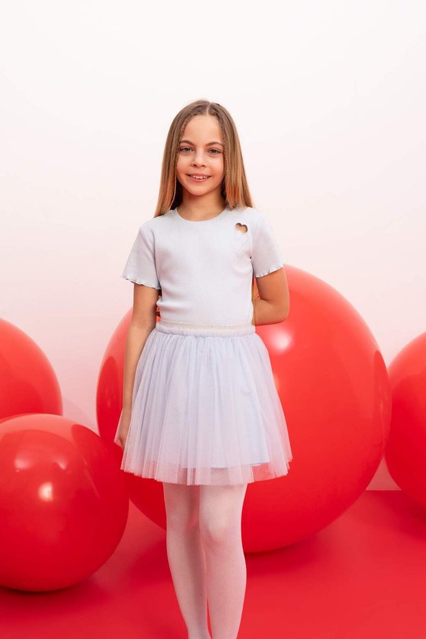 Girls' Slim Fit Slim Fit Crew Neck Embroidered Ribbed Camisole Short Sleeve T-Shirt B6925A824Sm