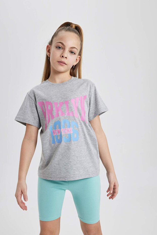 Girls' Crew Neck Printed Short Sleeve T-Shirt B5094A824Sm