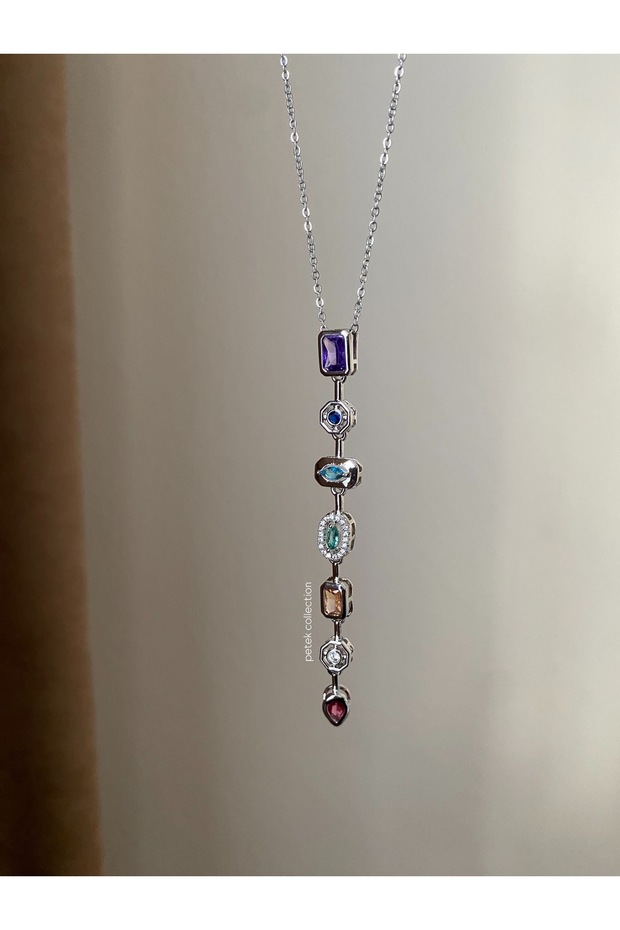 Colorful Stone Element Y Necklace Low-Cut Necklace (Steel)