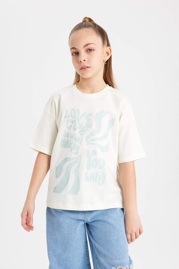 Girls' Relax Fit Crew Neck Printed Short Sleeve T-Shirt B5097A824Sm