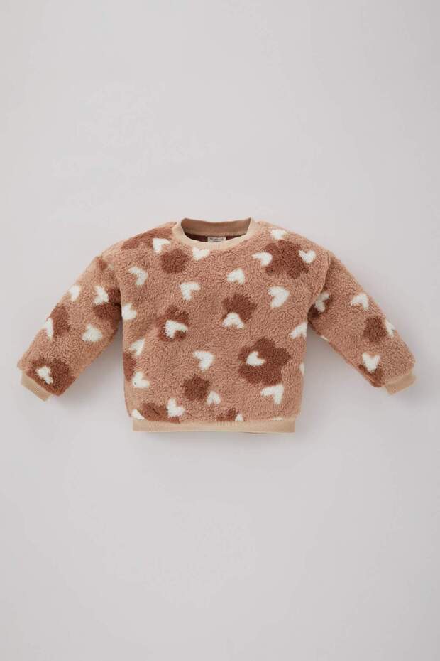 Baby Girl Crew Neck Heart Patterned Welsoft Fleece Plush Sweatshirt B3347A523Wn