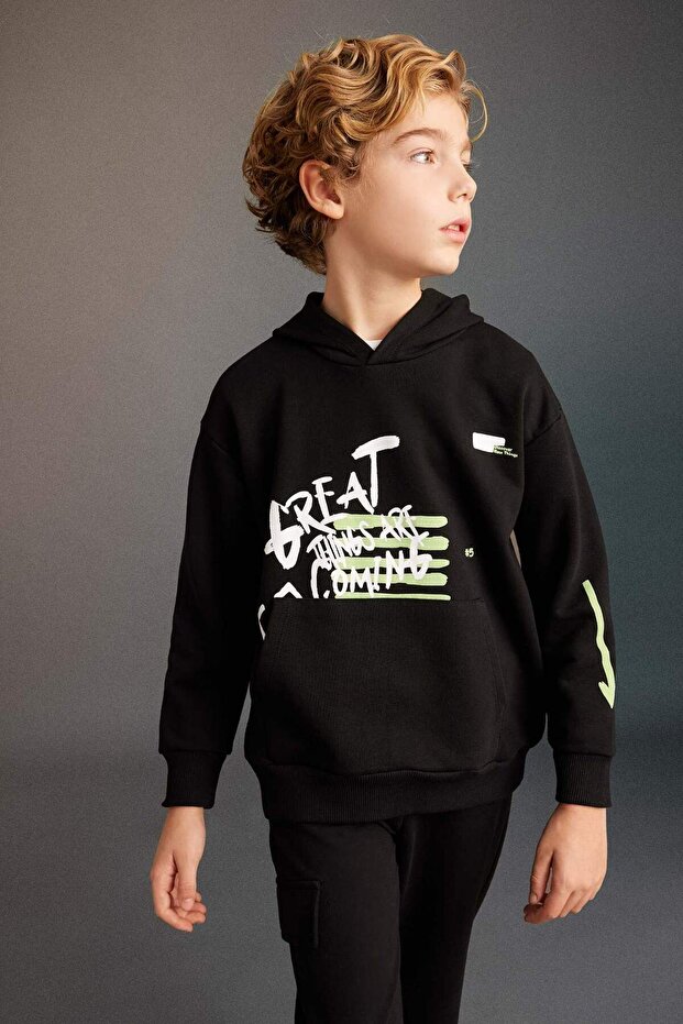 Boy's Oversized Wide Fit Hooded Printed Sweatshirt C0357A823Cw
