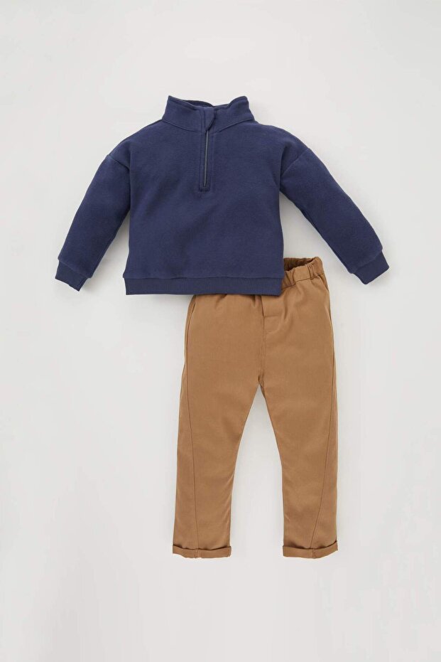 100% Cotton 2-Piece Set Stand Collar Zippered Sweatshirt Top Elastic Waist Bottom Baby Boy A8288A523Wn
