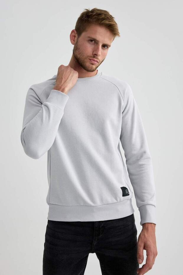 Gri Regular Fit Bisiklet Yaka Dokuma Etiketli Basic Düz Sweatshirt A5281AX23AU - 4