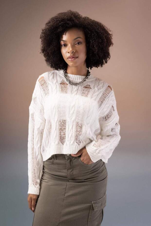 Crew Neck Openwork Sweater B3692Ax23Wn
