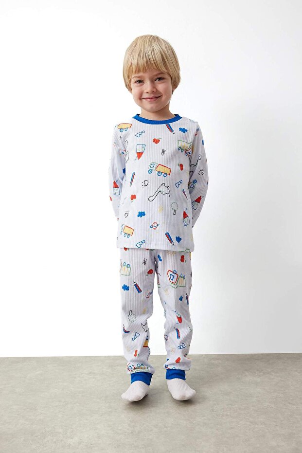 Baby Boy Dinosaur Printed Long Sleeve Ribbed Camisole 2-Piece Pajama Set D8319A5Ns