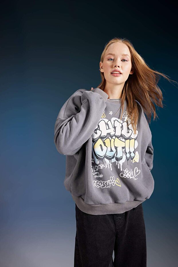 Coool Oversize Wide Fit Crew Neck Printed Thick Fabric Sweatshirt B5716Ax23Wn