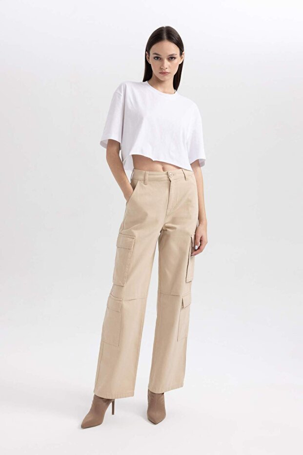 High Waist Wide Leg Cool Straight Gabardine Pants - Cargo Pocket, B1450Ax23Au
