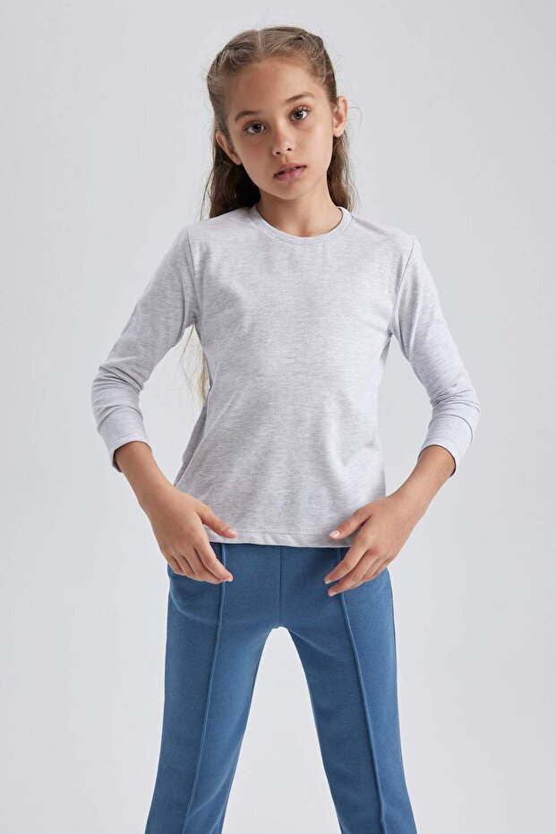 Girls' Gray Crew Neck Combed Cotton Long-Sleeved School T-Shirt U6810A623Au