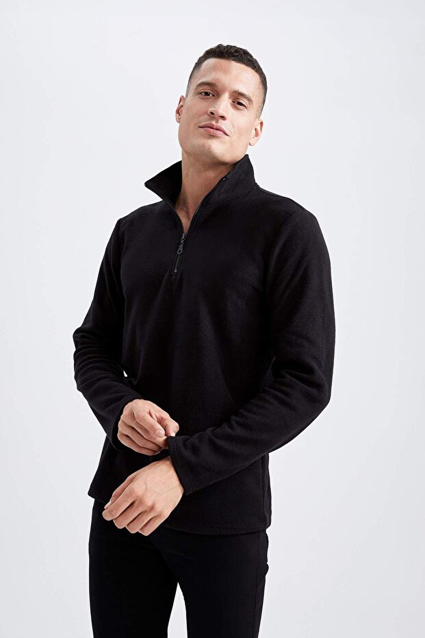 Black Non-Pilling Cold-Resistant Regular Fit Stand Collar Zippered Fleece Sweatshirt Y3996Az22Au