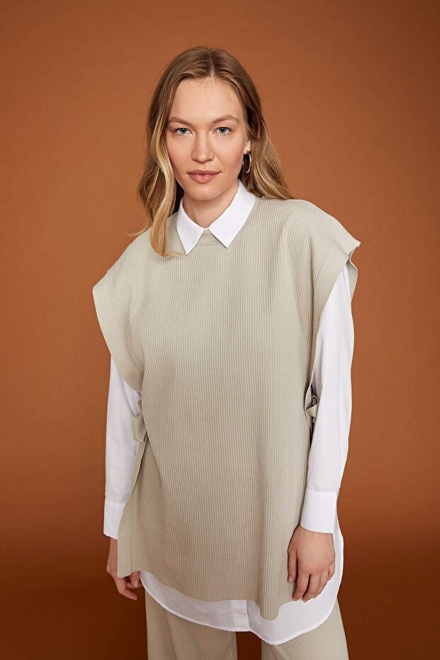 Regular Fit Crew Neck Basic Plain Sweater with Side Tie Detail Y1323Az22Wn