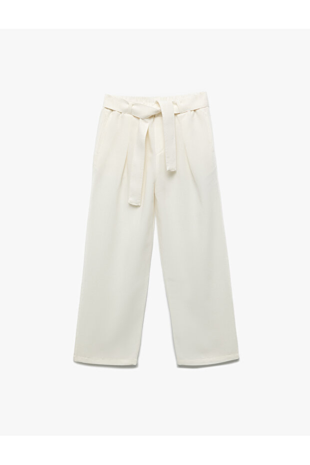 Viscose Blended Wide Leg Trousers with Belt Detail and Pockets