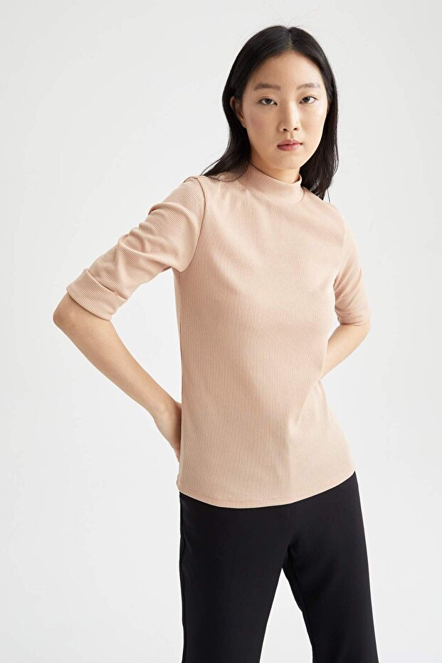 Slim Fit Half Turtleneck Corded Fabric Ribbed Knit Short Sleeve T-Shirt V6845Az22Sm