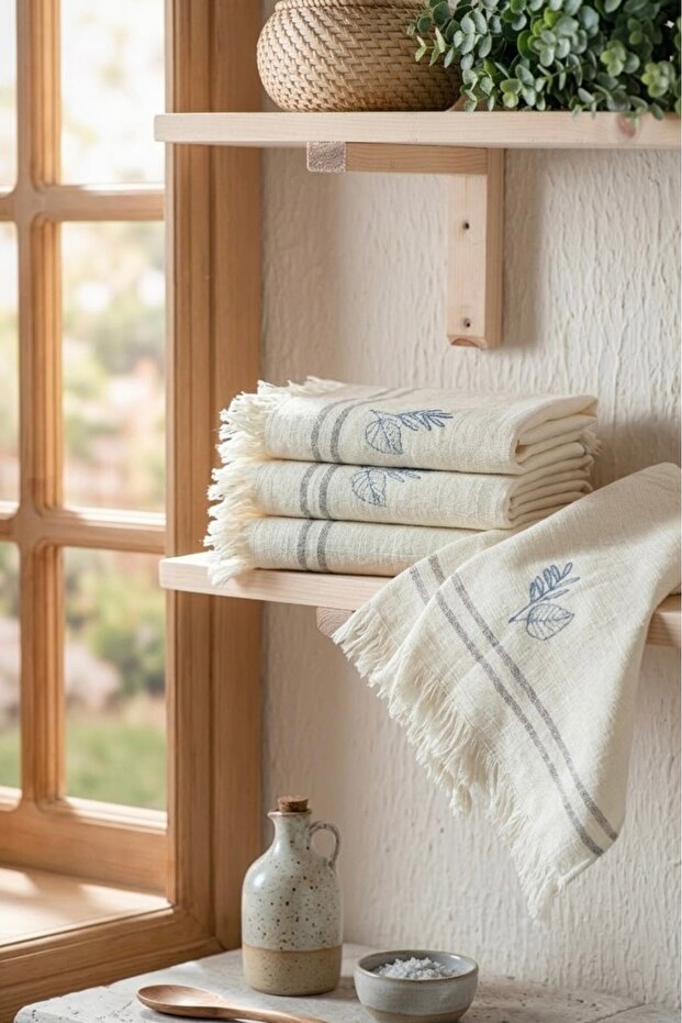 Natural 5-Piece 100% Cotton Embroidered Kitchen Napkin and Drying Cloth Set - Fringed - 40X60 cm