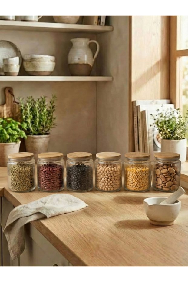 Set of 6 Bamboo Vacuum Lid Glass Storage Containers 1000 ml