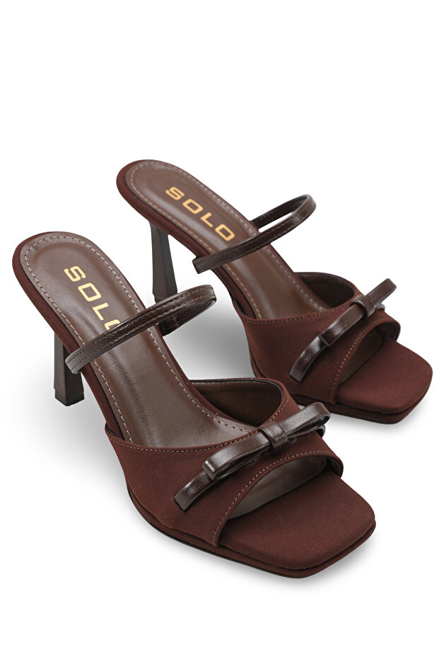 Elovaliaza Brown Nubuck Patent Leather Women's Stylish Double Strap Comfortable Thin Heeled Slippers with Bow Detail