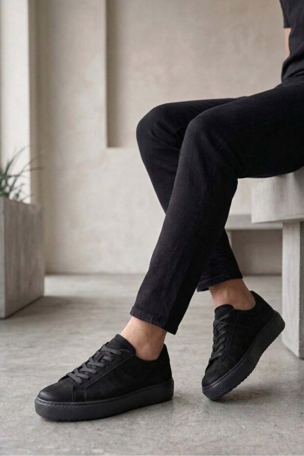 - Genuine Nubuck Leather Black Color Men's Sneaker - 666-01-0346