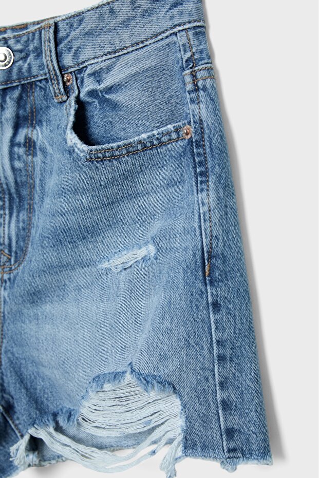 D75 Distressed denim şort - 7