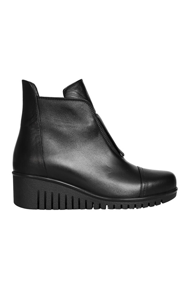Black Leather Women's Wedge Heel Boots