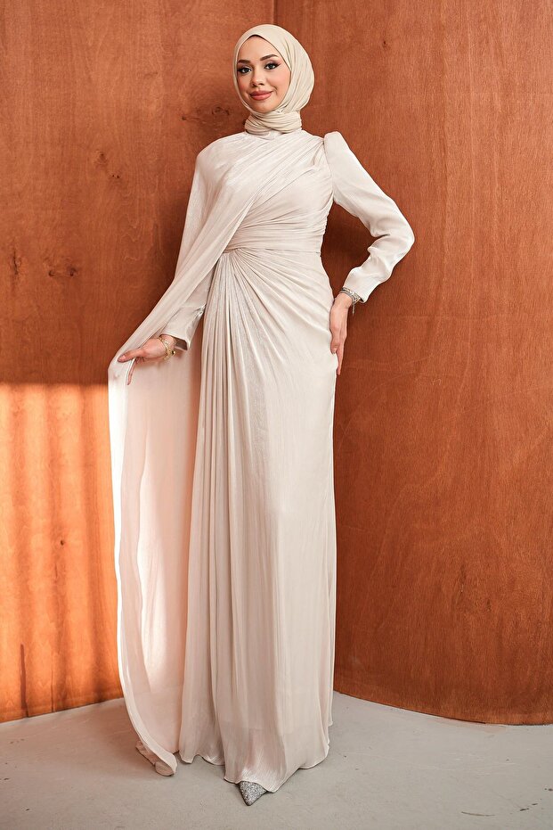 Stone Front Draped Chiffon Evening Dress