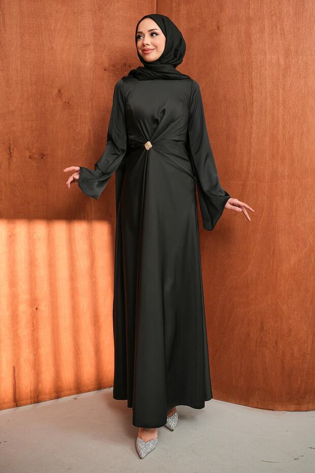 Draped Satin Evening Dress with Cape on the Front in Black