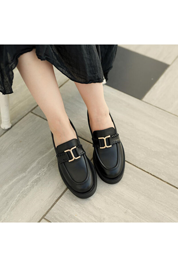 Black Leather Buckle Women's Loafer