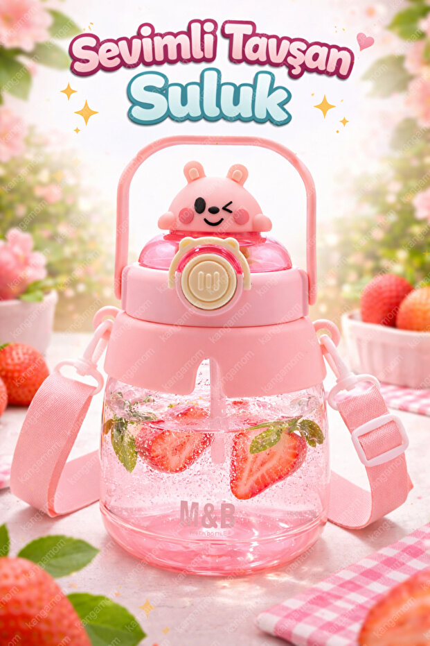 M&B WATER BOTTLE Sevimli Tavşan Figürlü Matara, Pipetli Çocuk Suluk, Tavşan Suluk, Okul Için Boyun Askılı Suluk