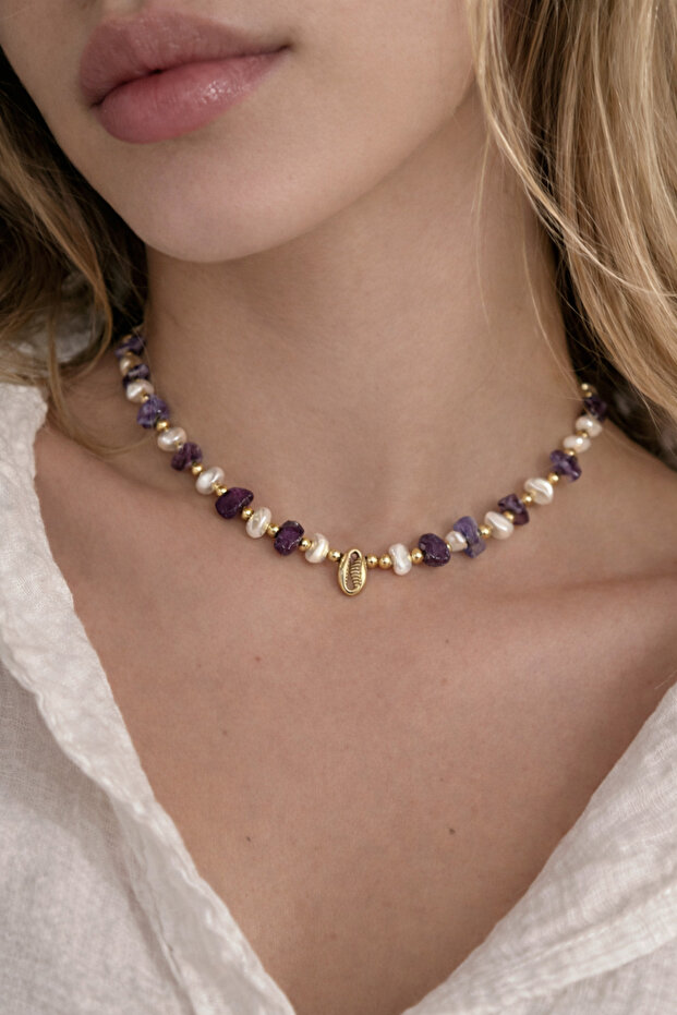 Amethyst Stone and Pearl Detailed Necklace – Figure Tip, Handmade Design