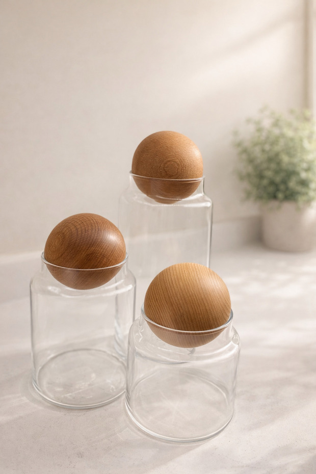 Wooden Ball Lid Glass Jar Set