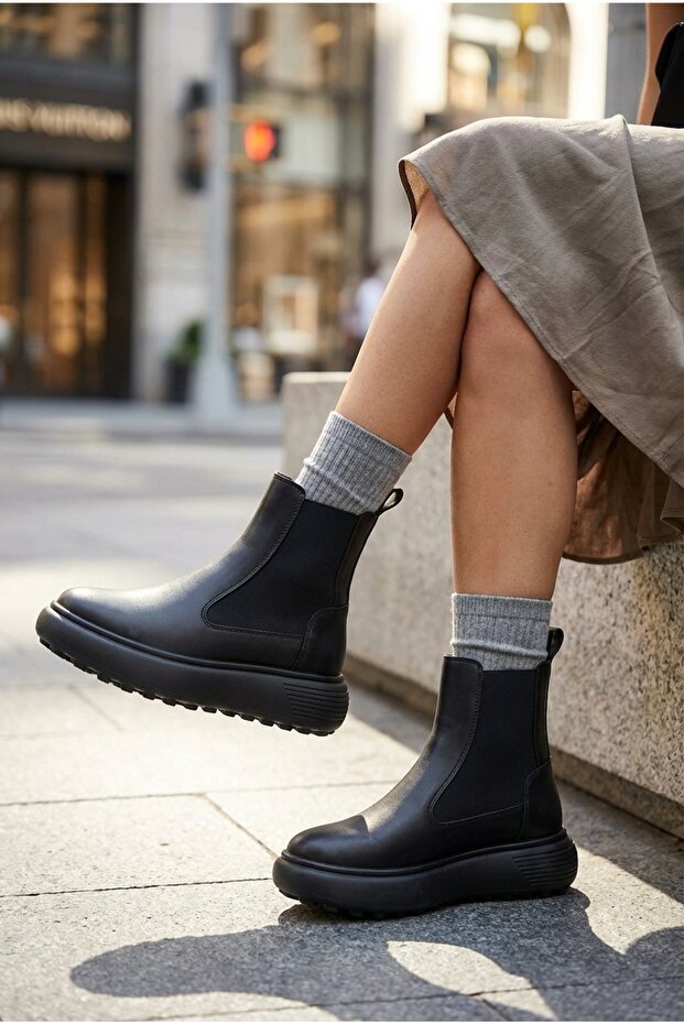 Kadın Bot Siyah Platform Taban Deri Hakki Deri Bot - 1